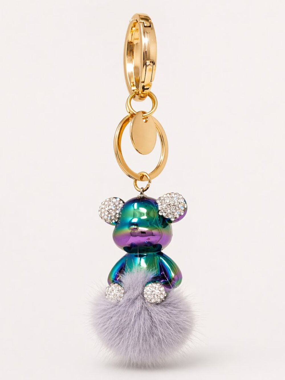 Handmade Glossy Teddy Bear with Pom Pom and Rhinestone Keychain Bag Charm Grey